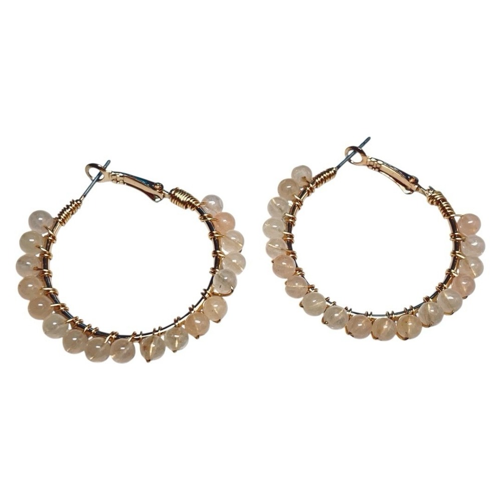 New Parfois Rose Quartz Stone Beaded Hoop Gold Earrings - Picture 4 of 5